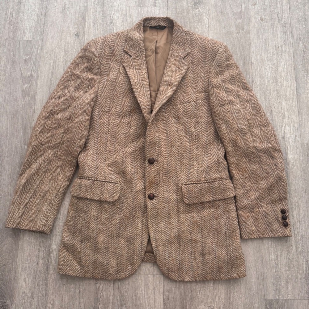 Vtg Lord Taylor Harris Tweed Mens Brown Herringbone Pure Wool Blazer Sport Coat